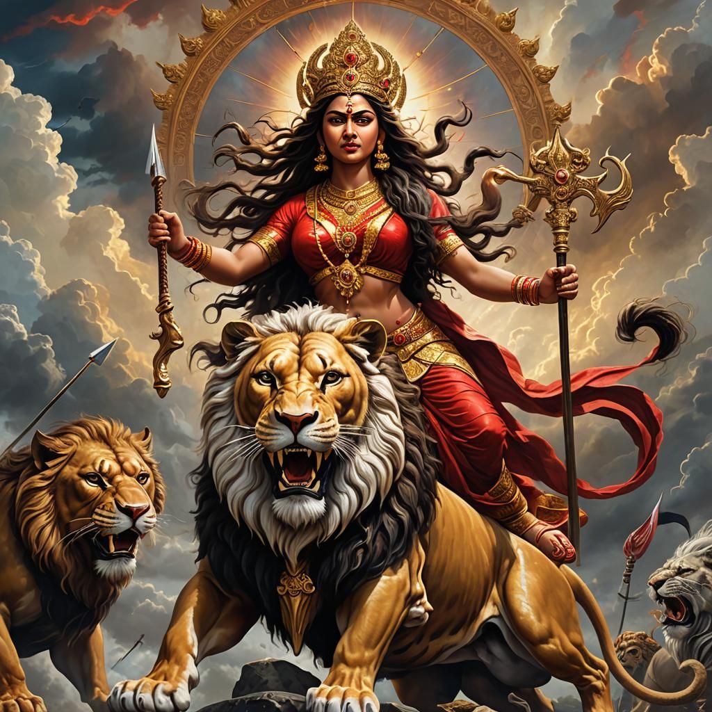 Majestic Goddess Durga on Lion, Indian Art Style