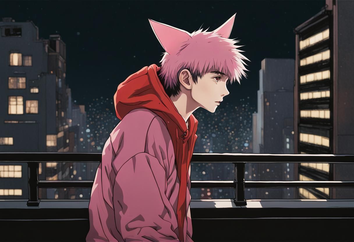 16k resolution, art by Hasui Kawase, Claude Monet, Syd Mead, young man, spiky pink hair, cat ears, surprised expression,...