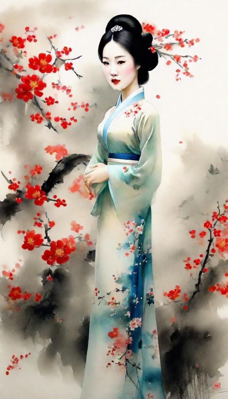 Vietnamese Lady in Ao Dai: Chinese Ink Painting