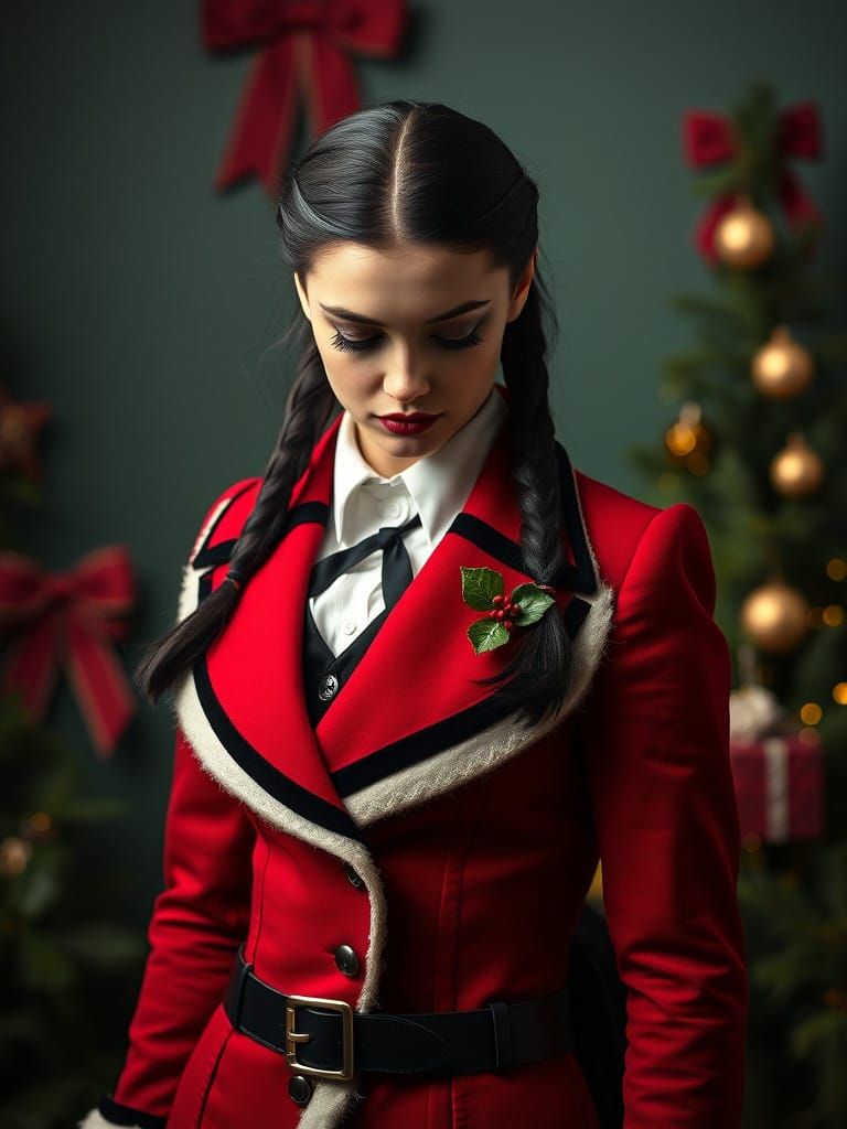 Victorian Gothic Wednesday Addams in Elegant Christmas Santa...