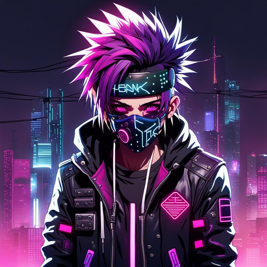 Cyberpunk Anime Girl with Neon Hair and Mask