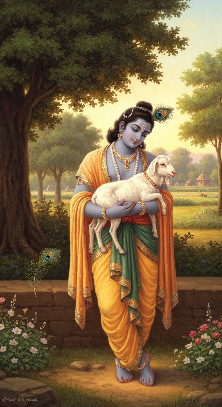 Krishna and Goat in Vrindavan Landscape
