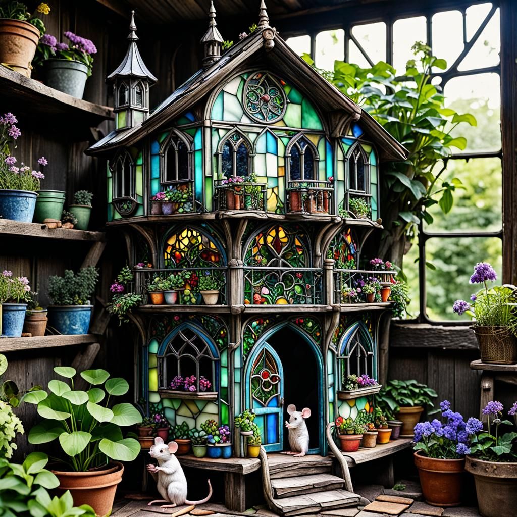 Ornate Stained Glass Mouse House in Shed