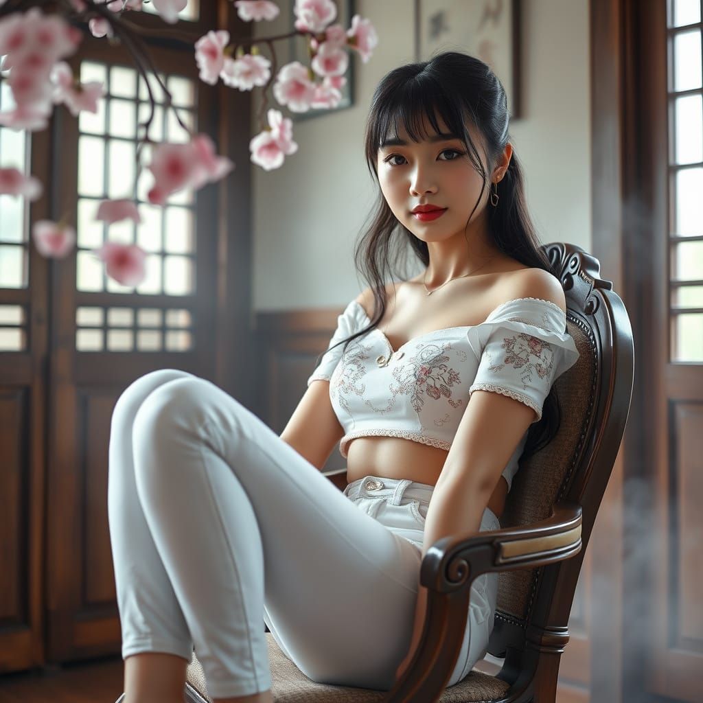 Photorealistic Japanese Woman on Ornate Chair