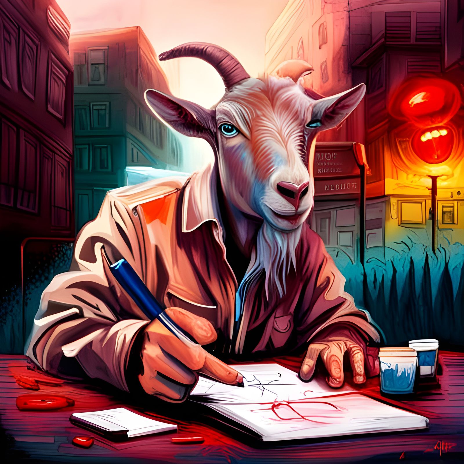 Frustrated Humanoid Goat Doing Homework in Graffiti Art