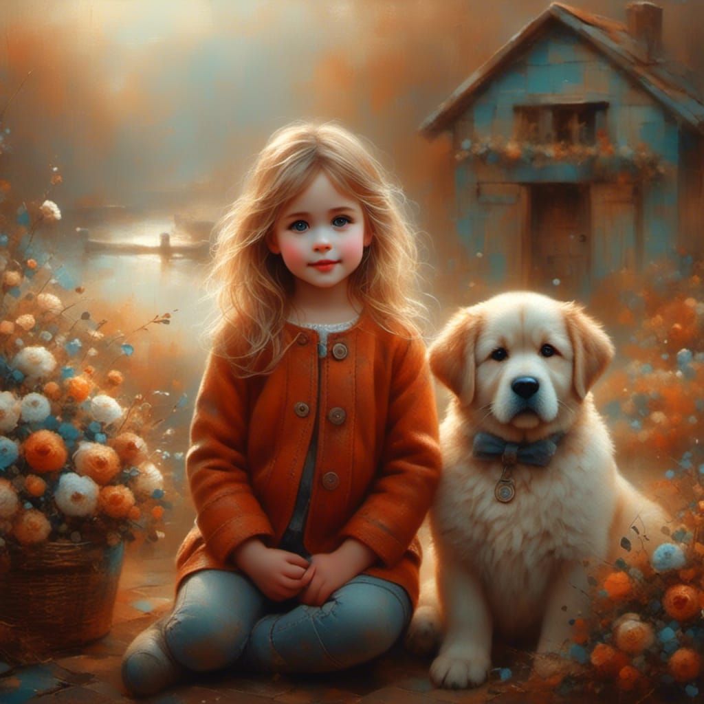 Girl with Dog: Vintage-Style Portrait