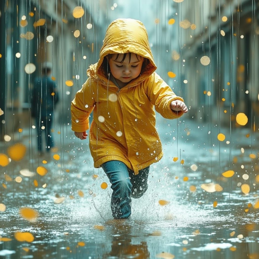 Joyful Child Hops in Rain Puddle, Painterly Style