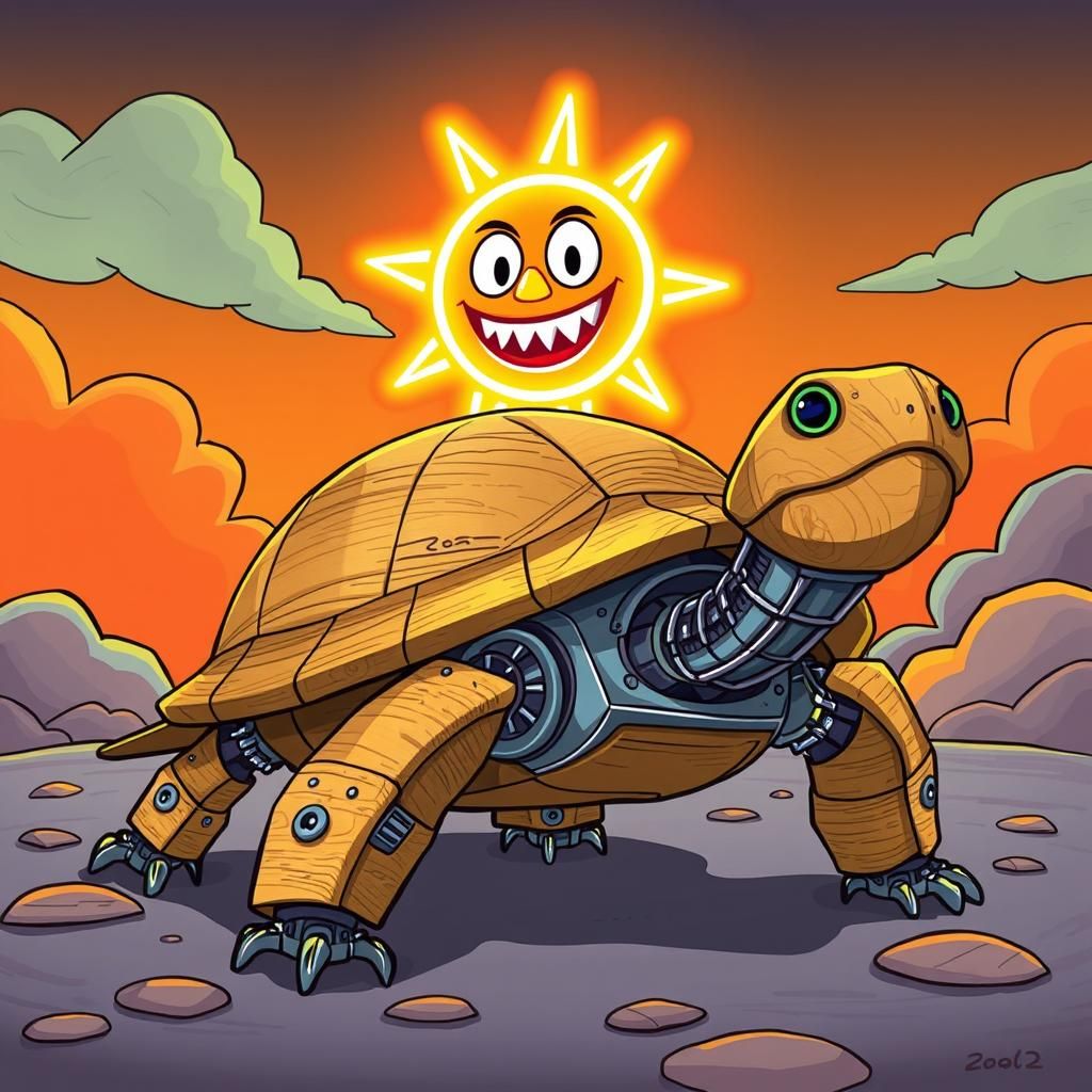 Robotic Turtle and Goofy Sun, Cartoon Illustration