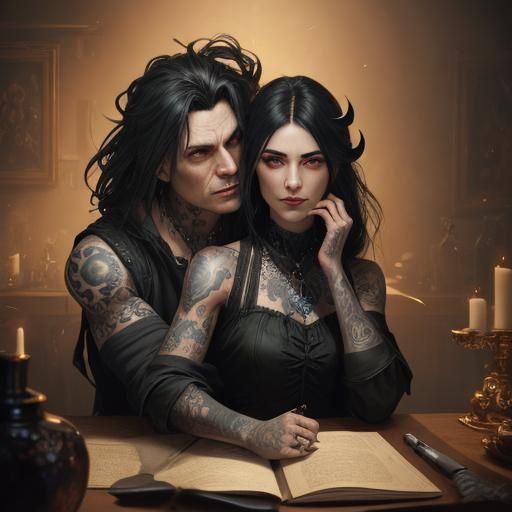 Tattooed Vampire Magician Couple Portrait in Fantasy Style