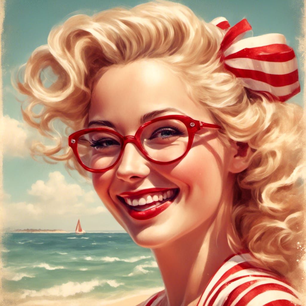 Pinup Girl on Sunny Beach in Retro Style