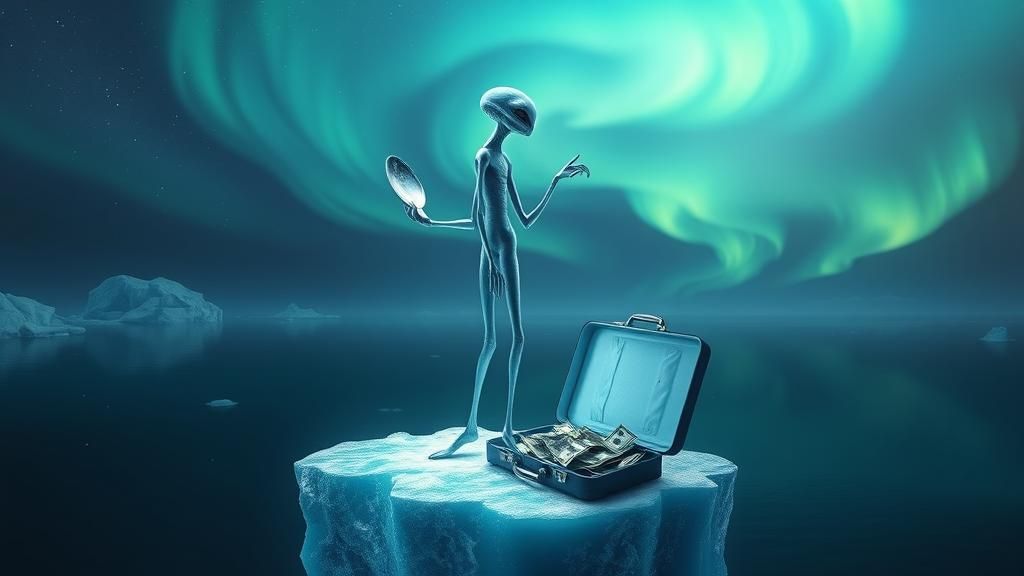 Alien with Spoon on Iceberg Under Aurora
