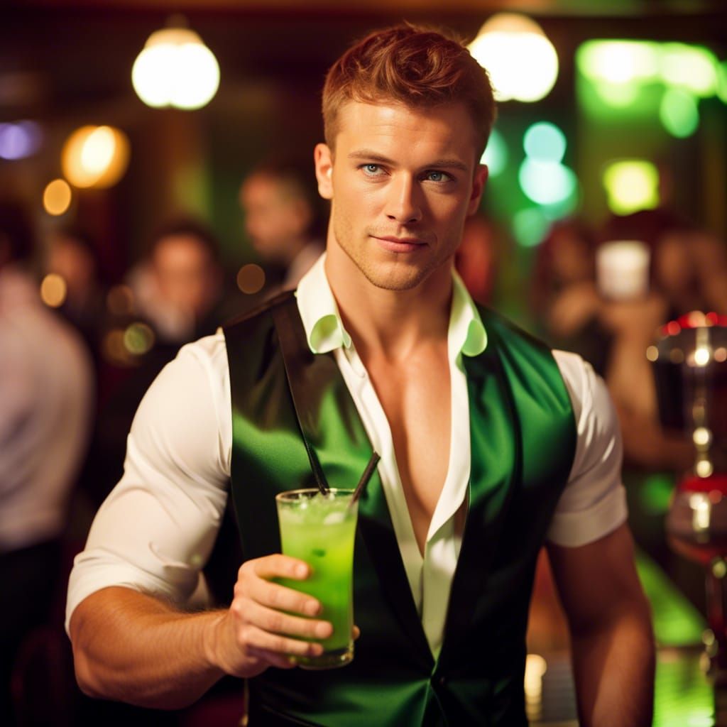 Auburn Haired Chippendale Dancer Serving Drinks