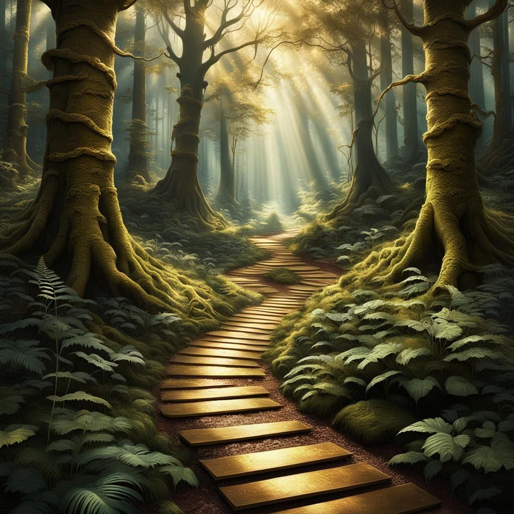 Sunlit Forest Path to a Hidden Door