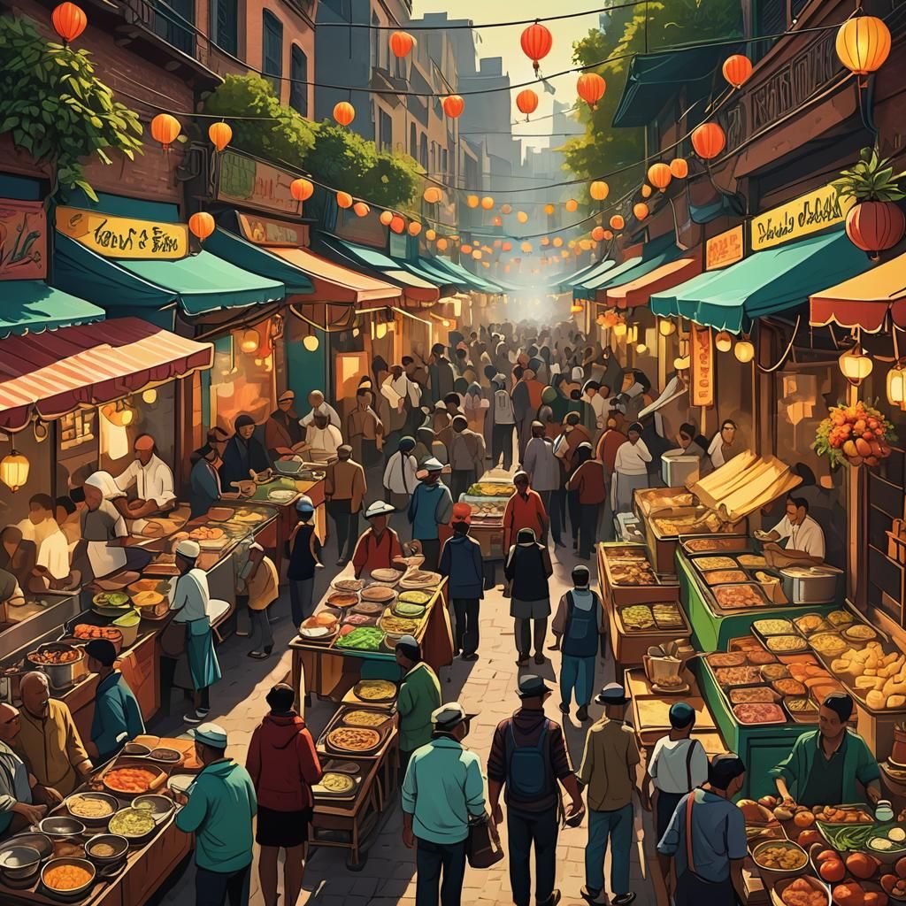 Vibrant Street Food Market in Naive Art Style