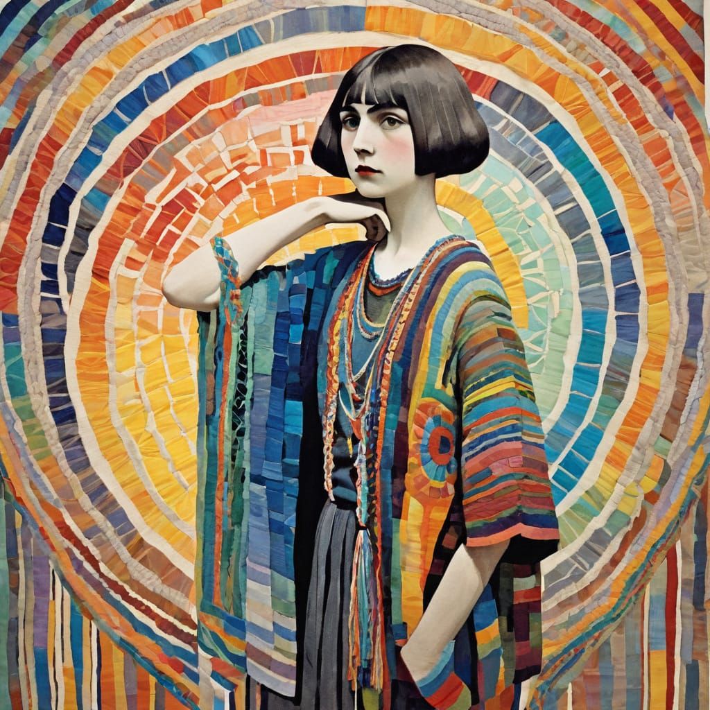 Woman in Macramé Garment with Pastel Gradients