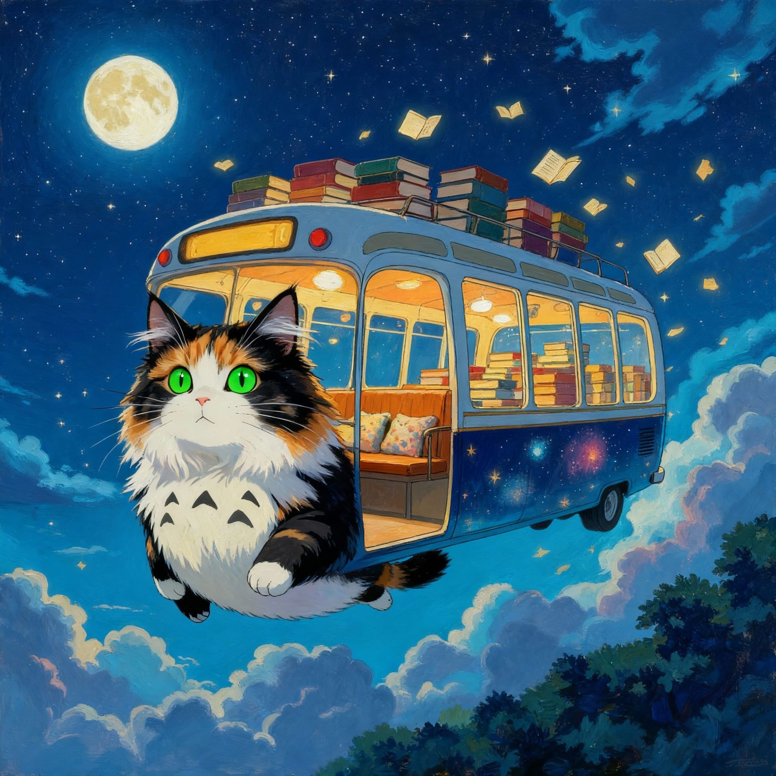 Magical Calico Cat-Bus Flies Through Starry Night Sky