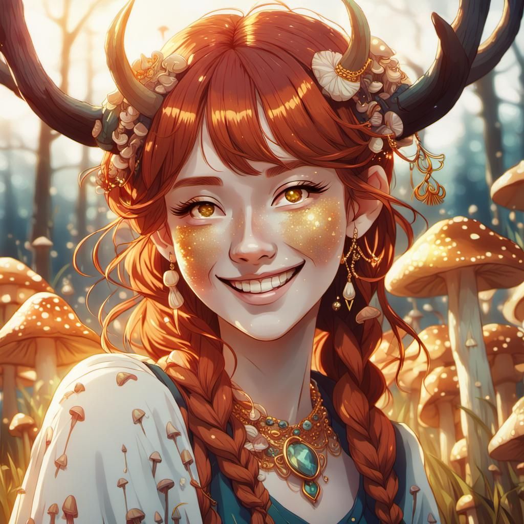 Vibrant Red-Headed Girl with Elk Horns Basks in Golden Light