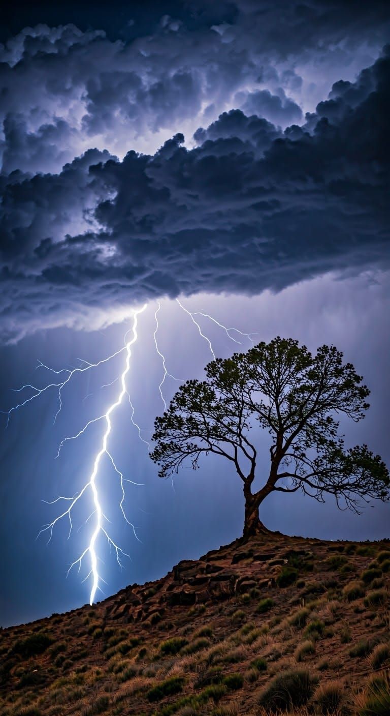 Lone Tree in Purple Thunderstorm Landscape