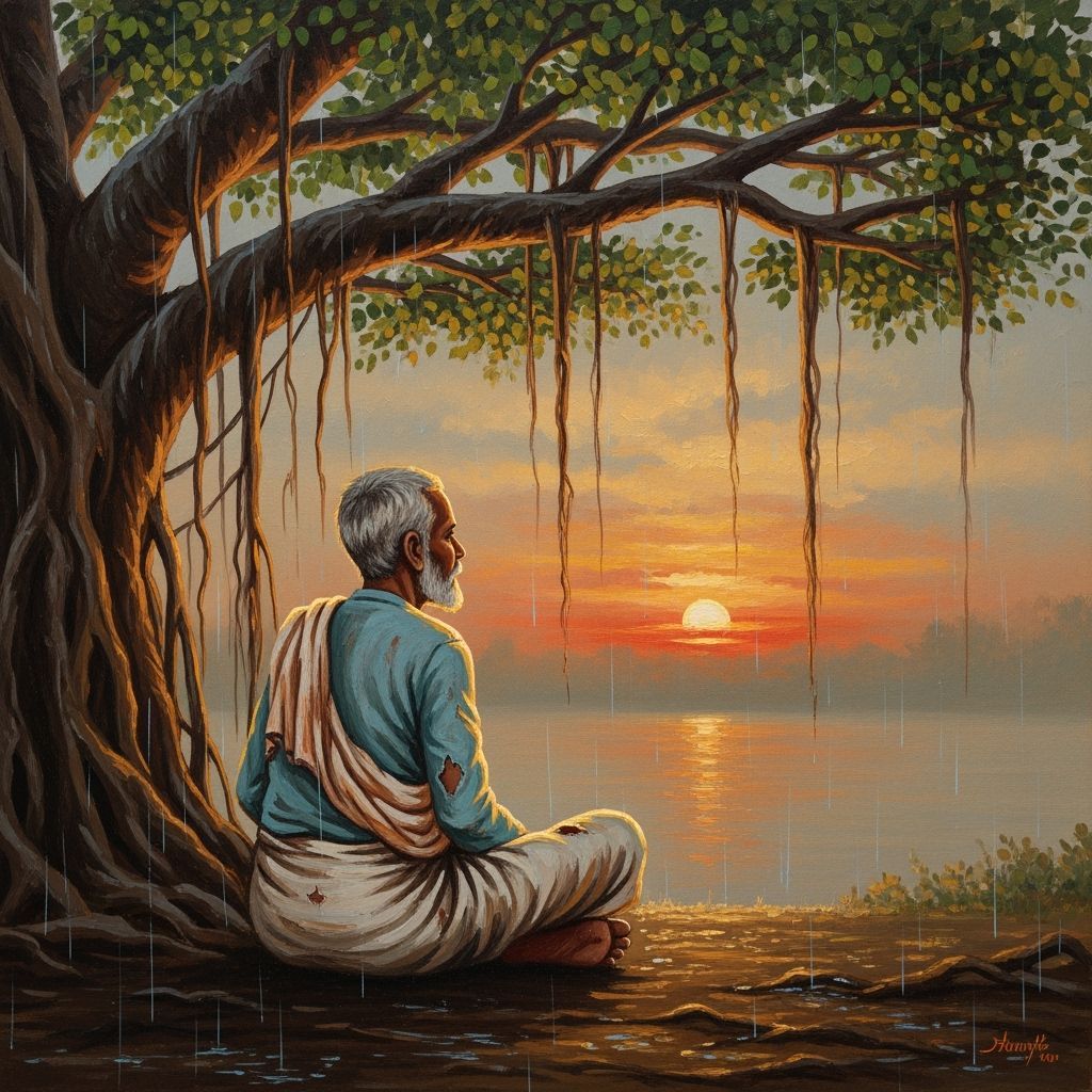 Old Man at Sunset: An Indian Folk Art Oil Painting