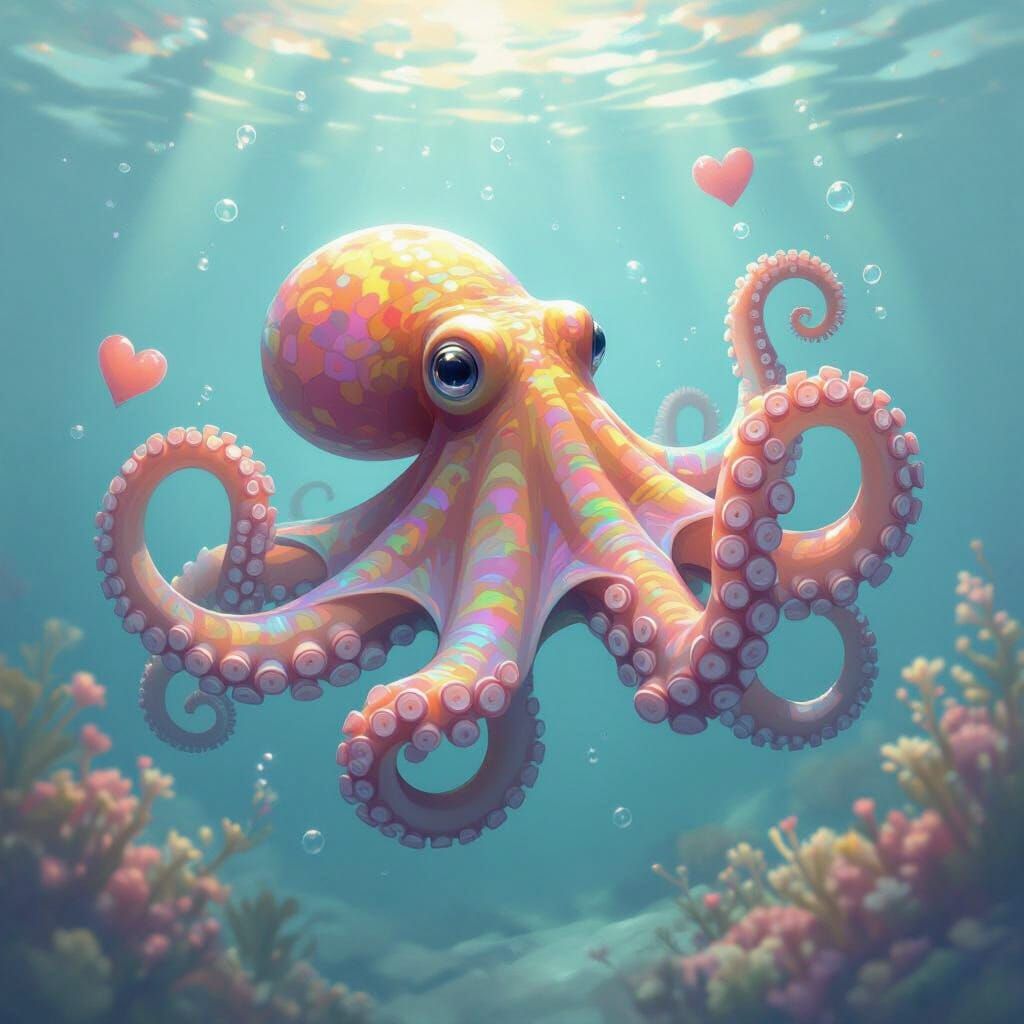 Iridescent Octopus Swimming in Ethereal Underwater Dreamscap...