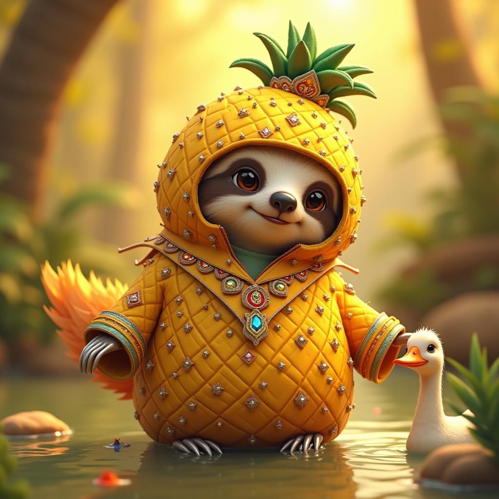 Sloth in Pineapple Suit Circles Duck, Anime Style