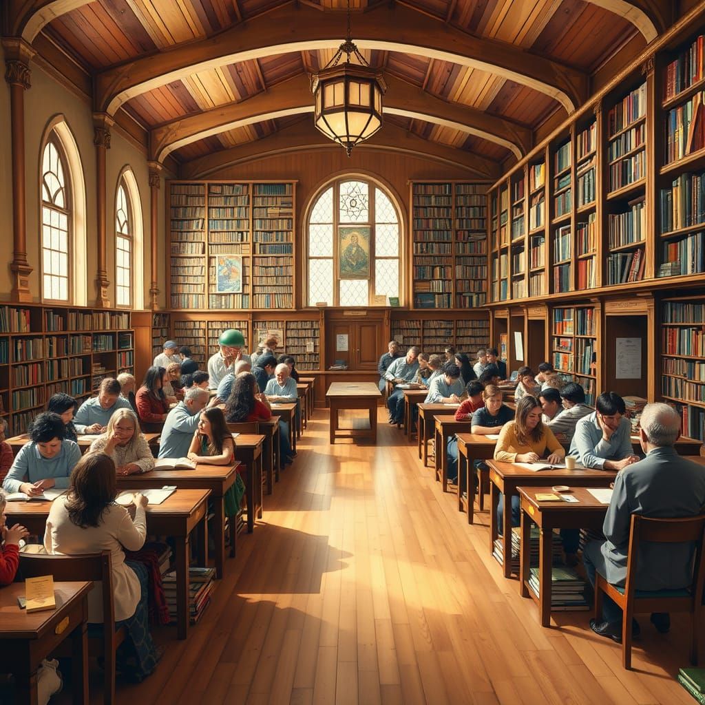 Warm Synagogue Scene with Happy People and Books