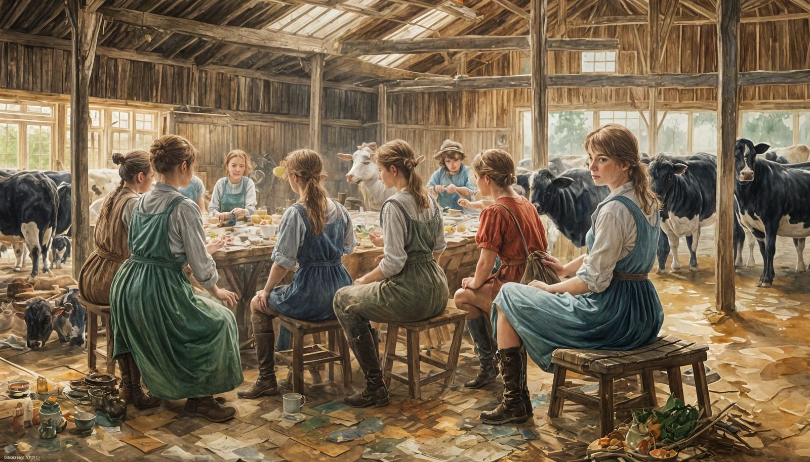 Eight Maidens Tend to a Barnyard in an Epic Impressionist Ma...