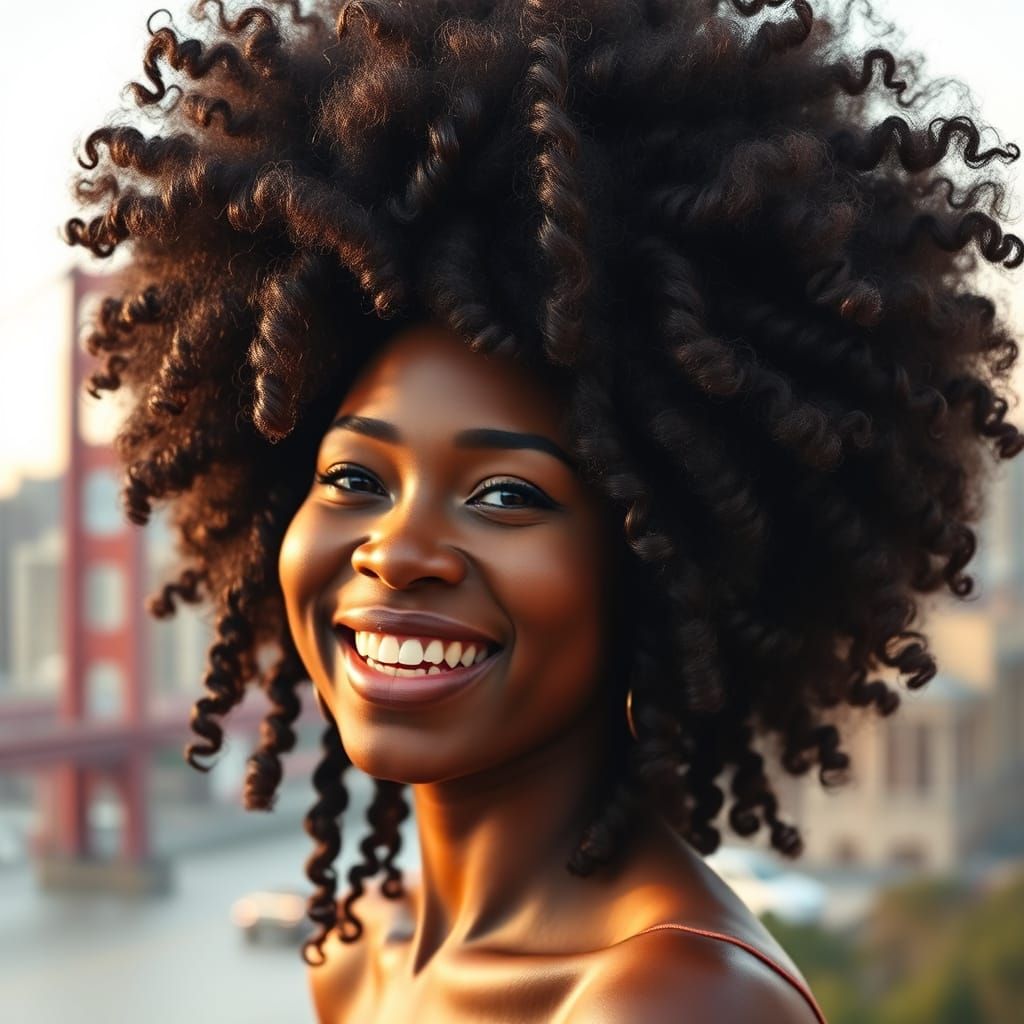 Smiling Black Woman with Voluminous Afro in San Francisco