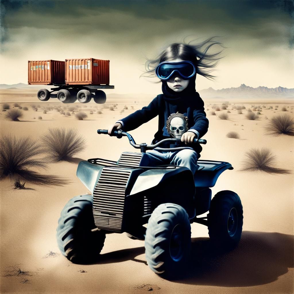 Girl Rides ATV Across Desert Wasteland