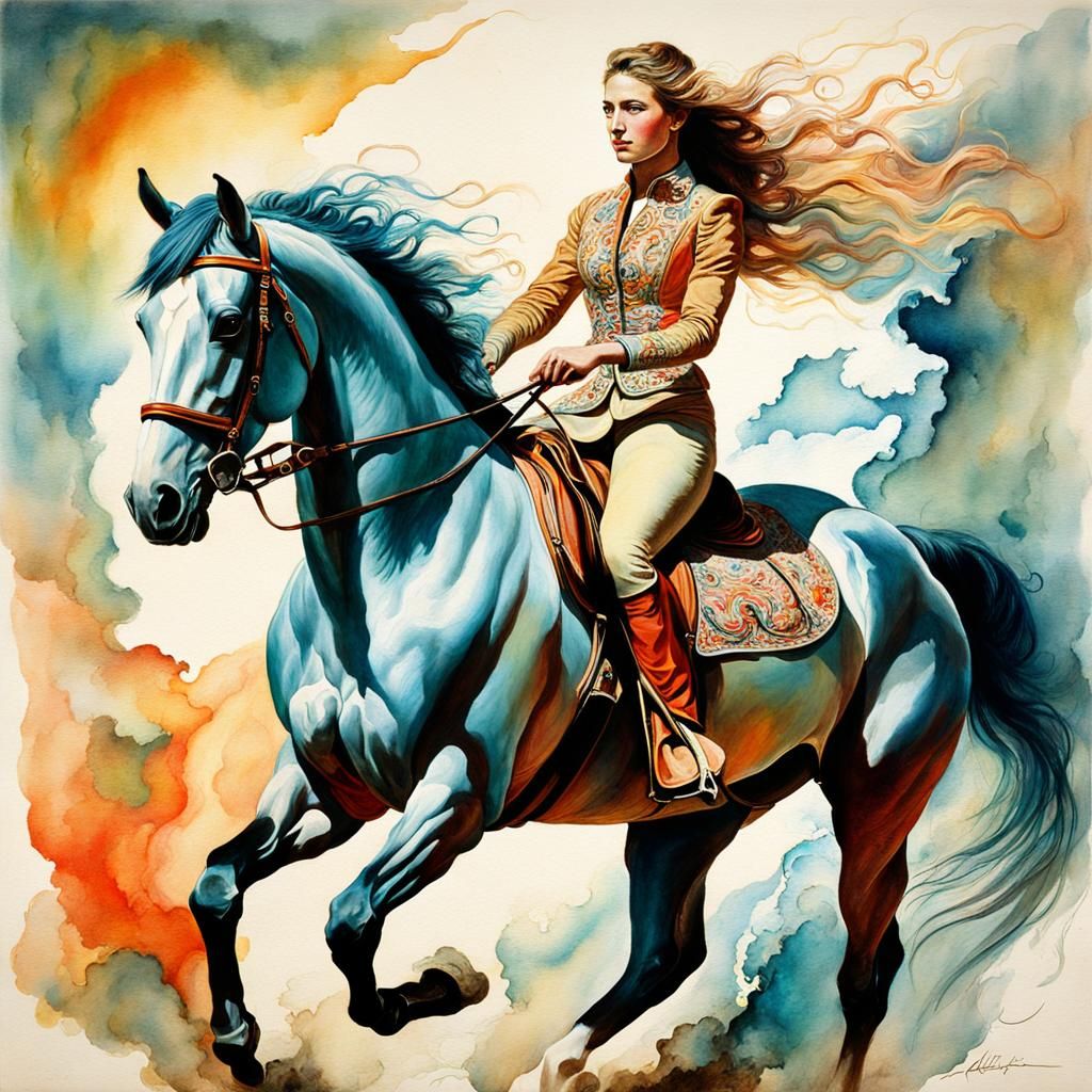 Girl Riding Horse Portrait as Neon Watercolor