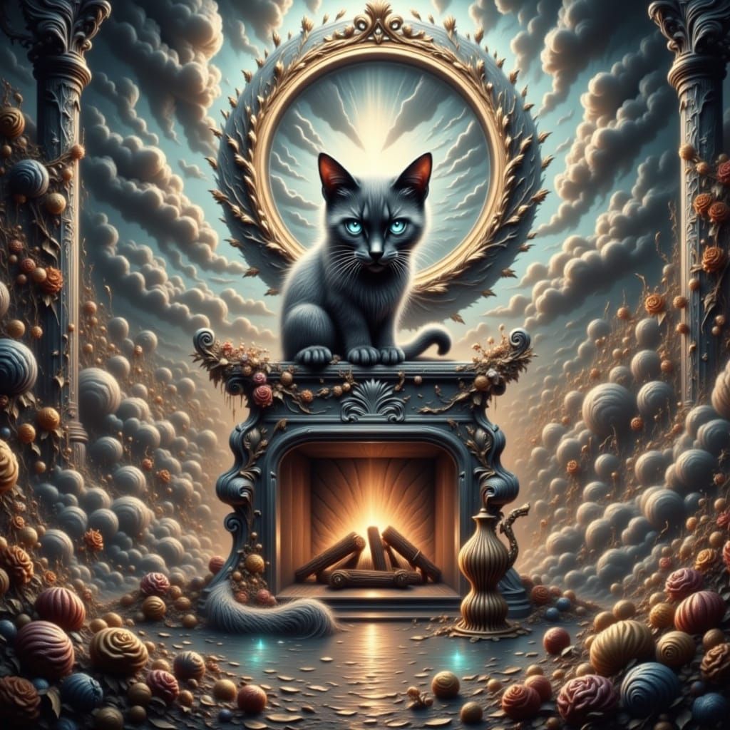 Majestic Siamese Cat in Firelit Room - Matte Painting Style