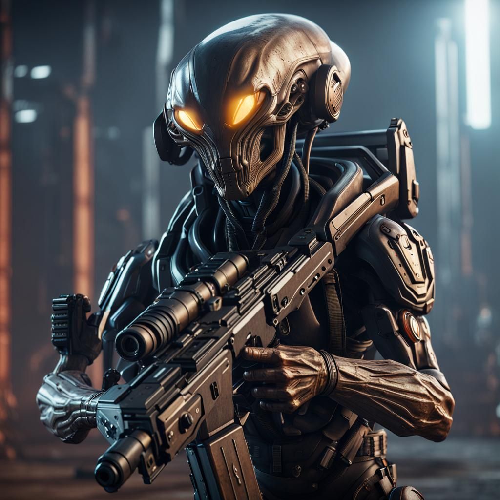 Futuristic Alien Warrior with Machine Guns in 3D
