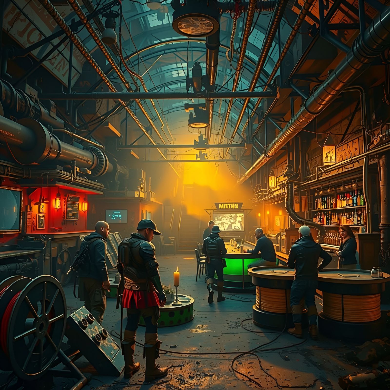 Bar in a Post-Apocalyptic Metro Warehouse in Vibrant Matte P...