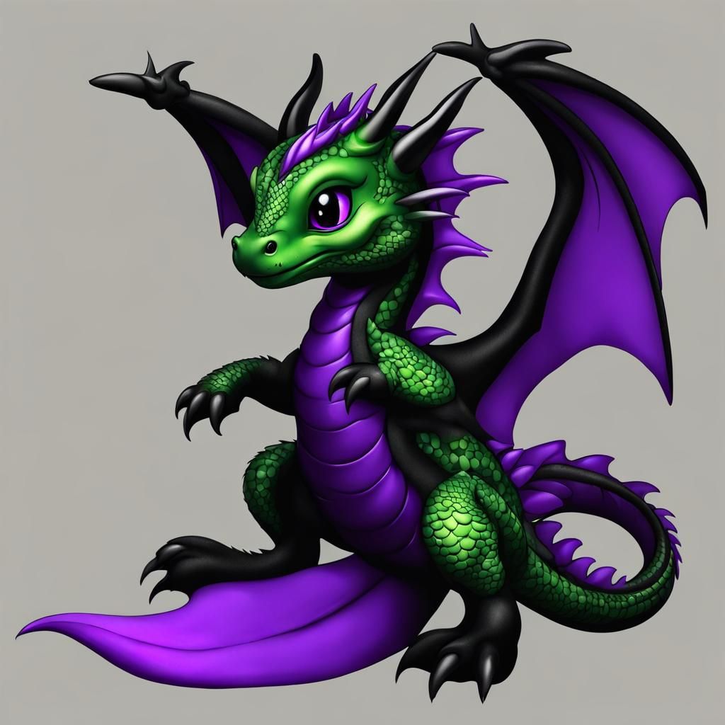 Cute Green, Purple, and Black Baby Dragon
