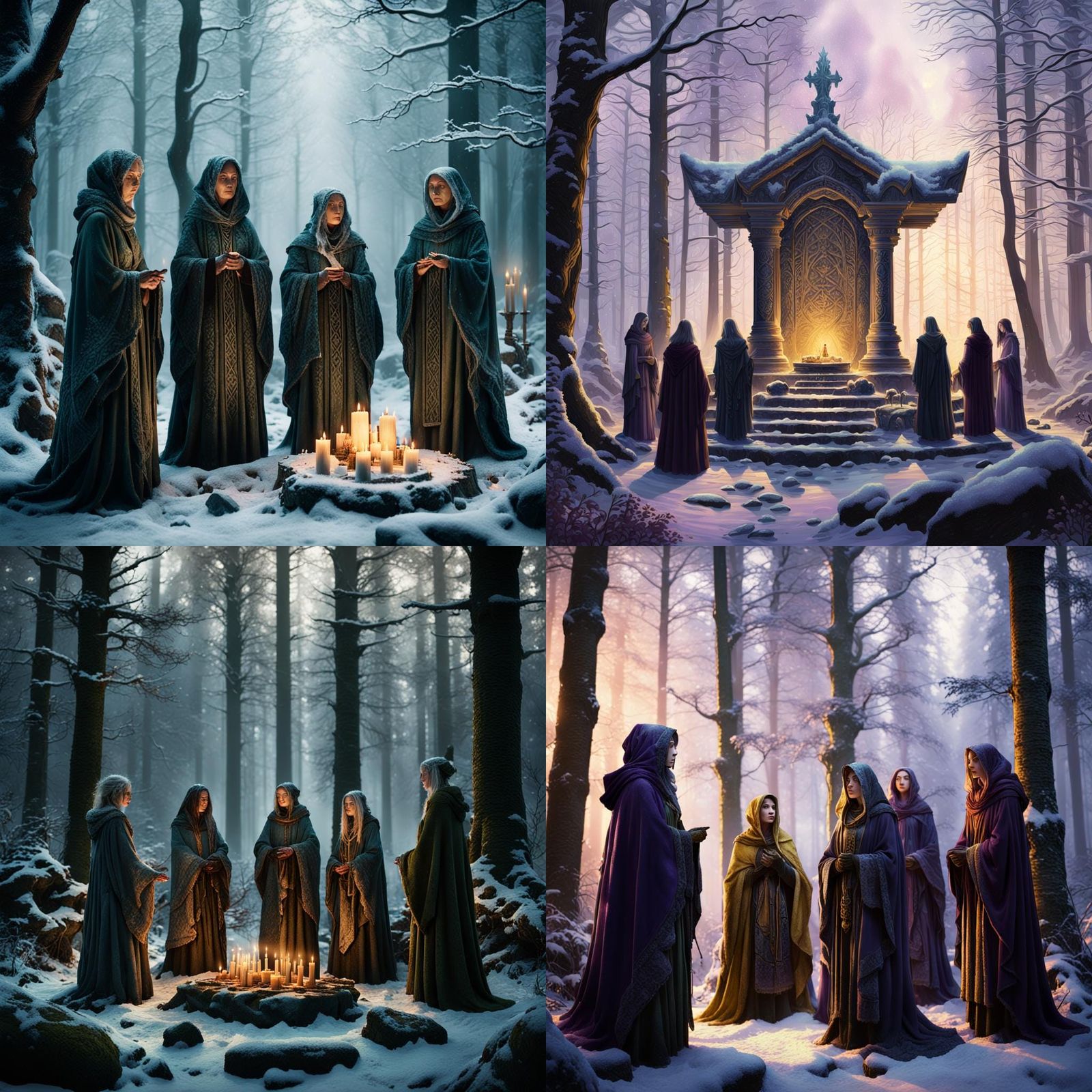 Pagan Women Celebrate Yule Festival in Winter Forest at Dawn