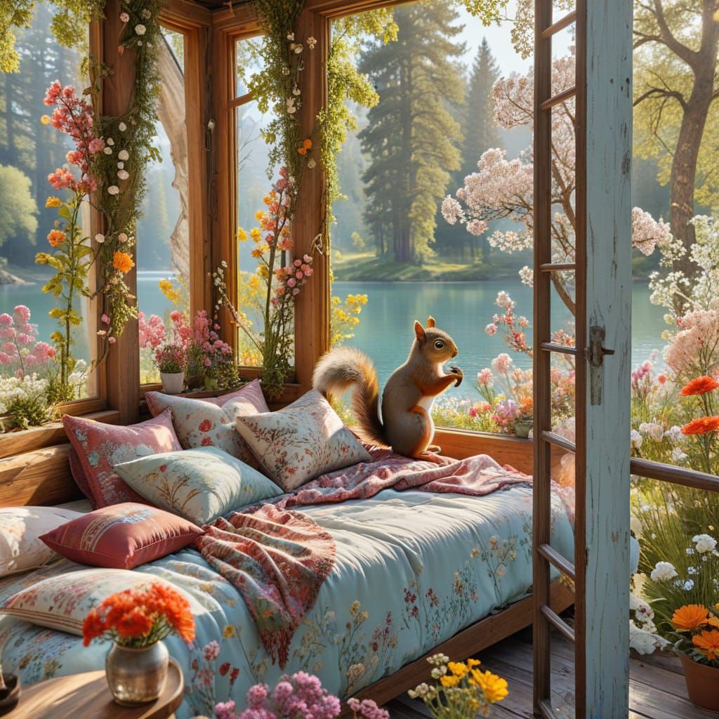 Whimsical Cabin Retreat with Vibrant Floral Delights