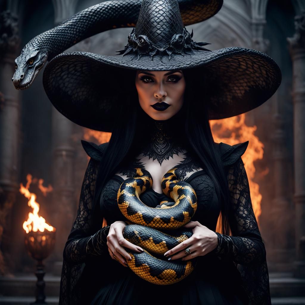 Gothic Witch with Python in Dark Ink Style