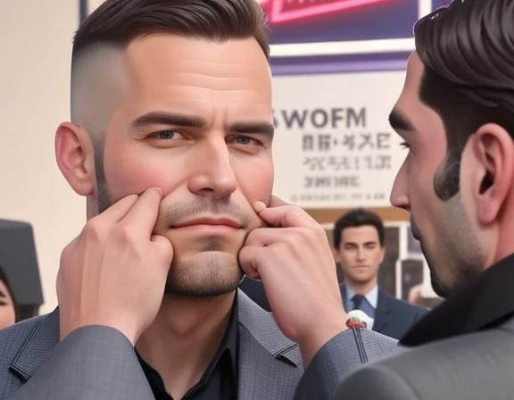 Handsome man getting his cheeks pinched