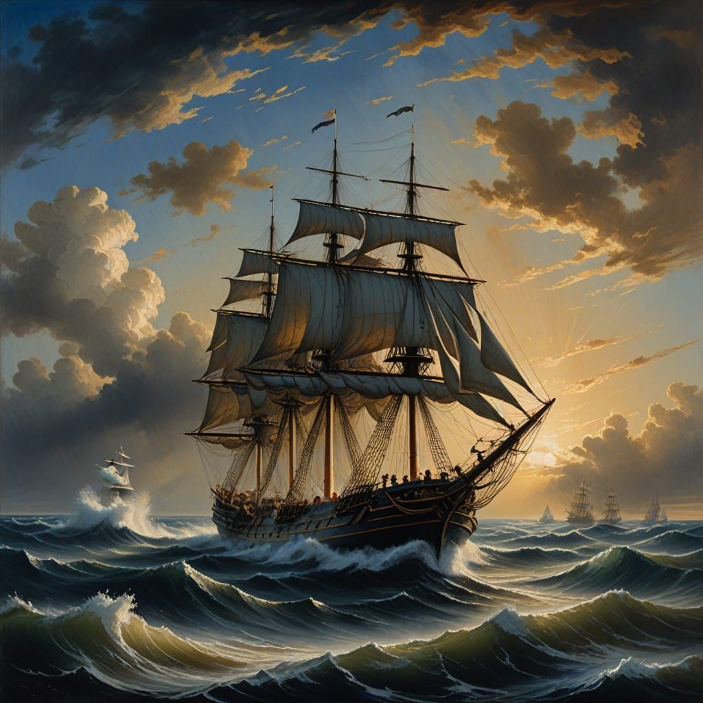 17th Century Clipper Ship in Turbulent Seas, Golden Hour