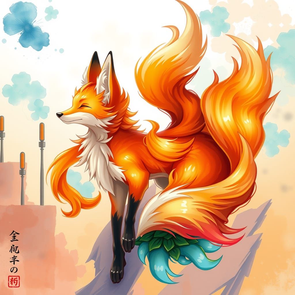 Mystical Nine-Tailed Anime Fox in Japanese Animation Style