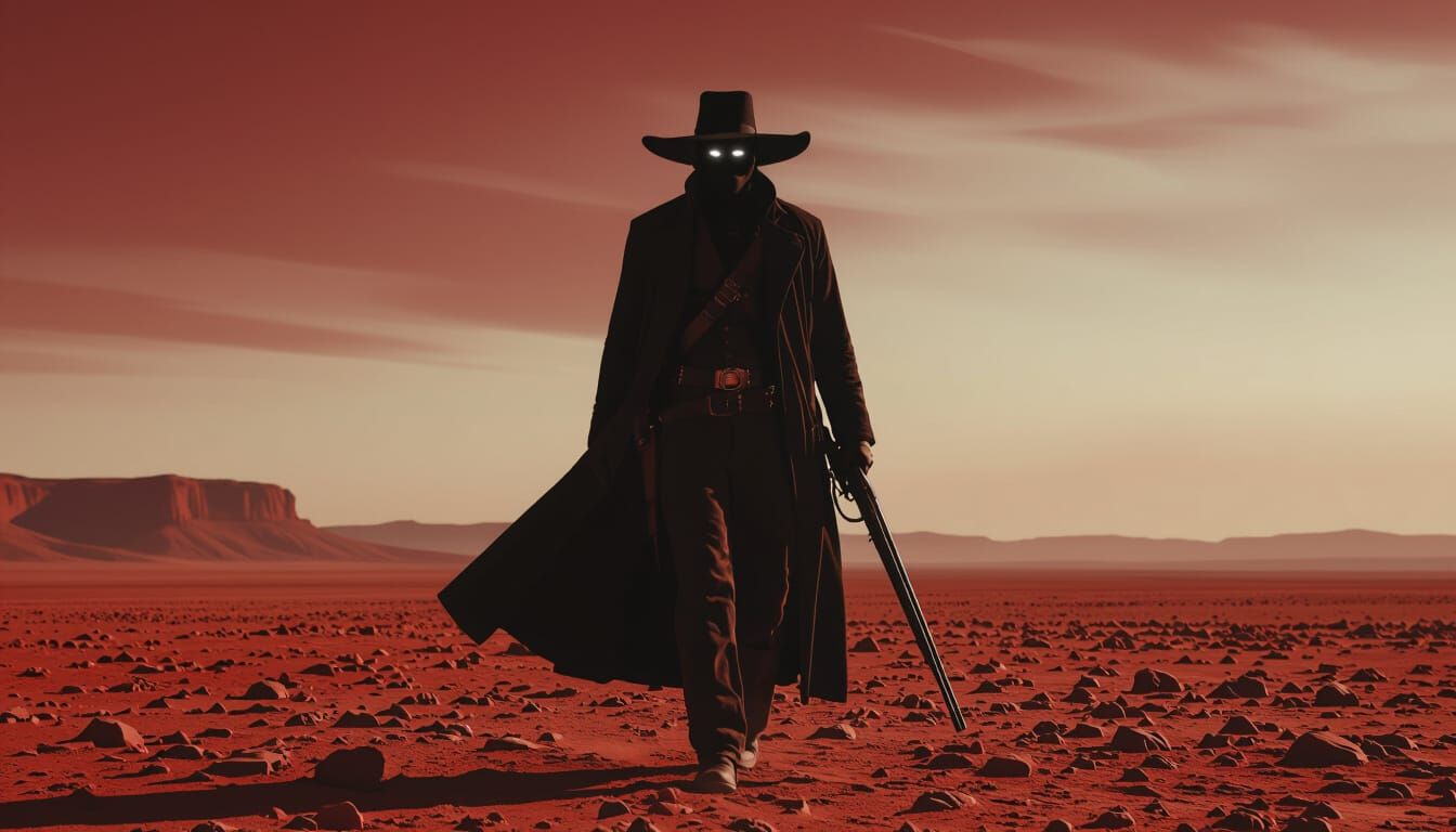 Lone Figure in Red Desert Landscape, Cinematic Film Still
