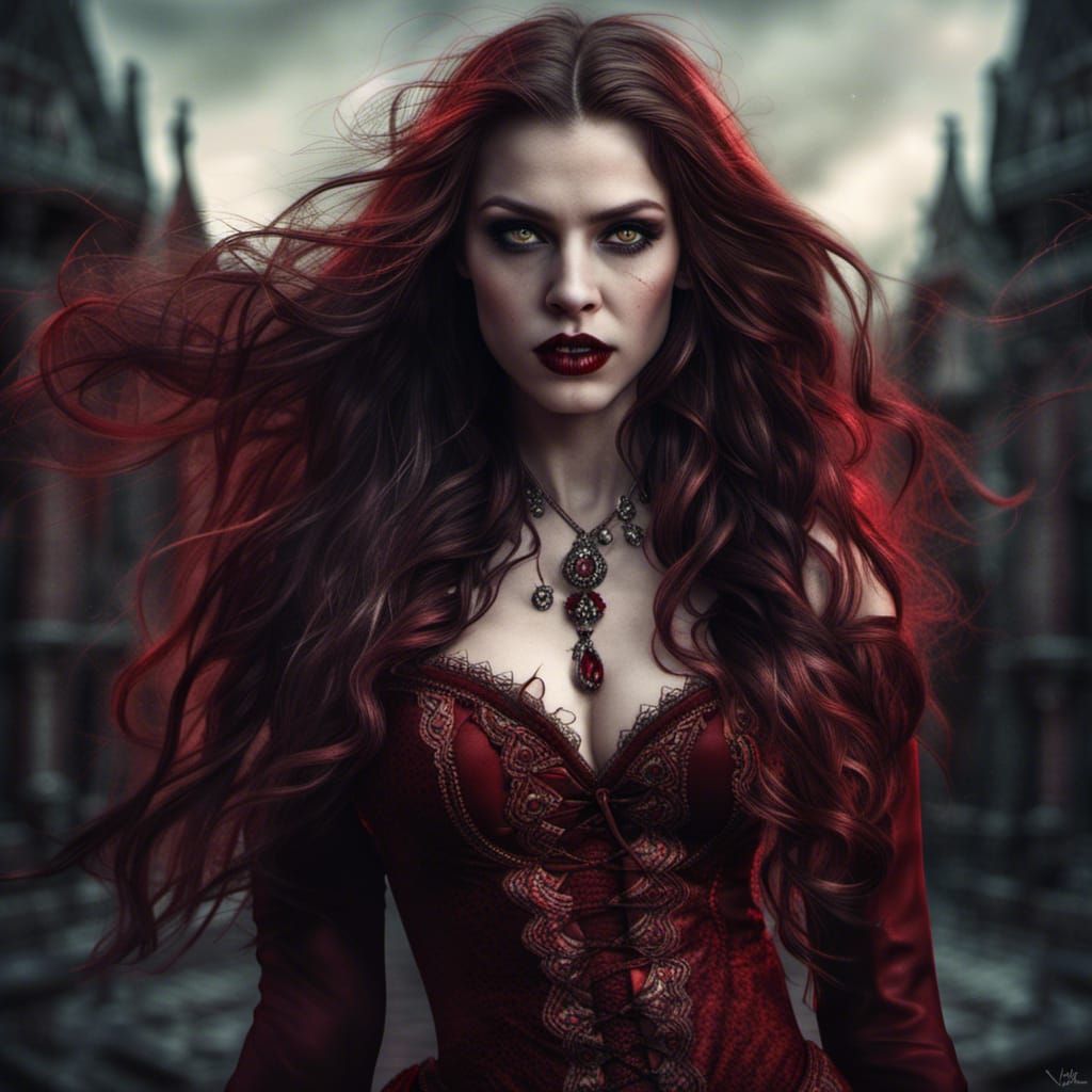 Hyperrealistic Female Vampire Portrait with Demon Eyes