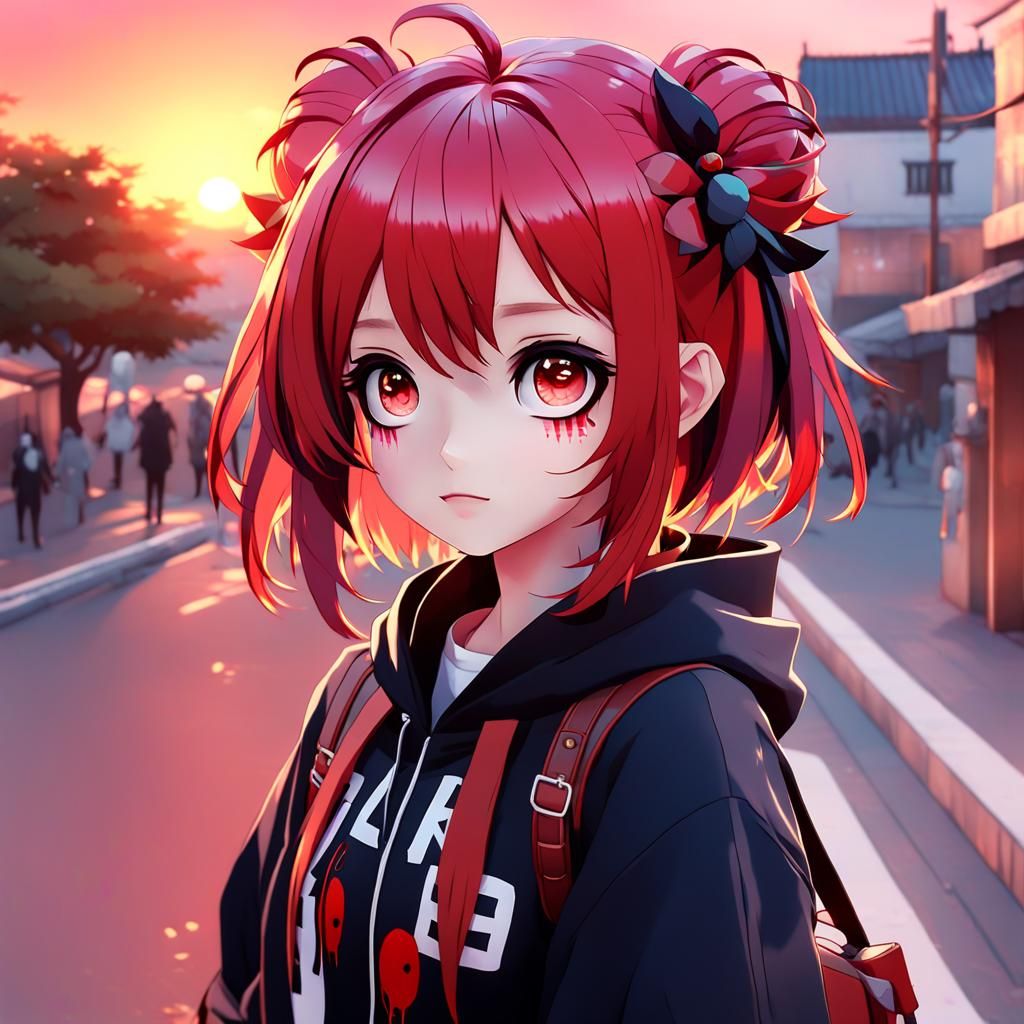 Anime Girl Portrait with Cherry Eyes, Sunset Aesthetic