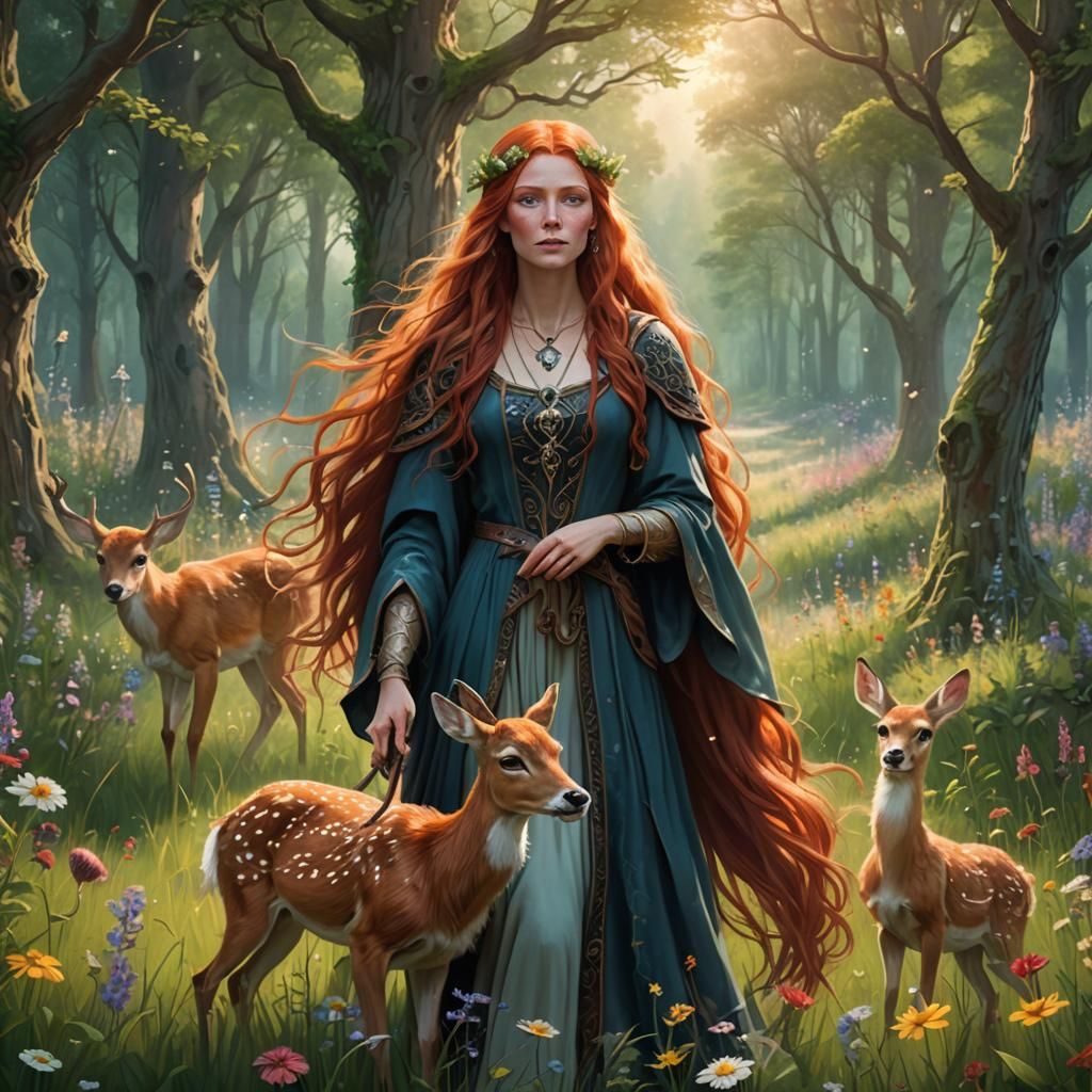 Enchanting Sorceress with Fawn in Lush Meadow