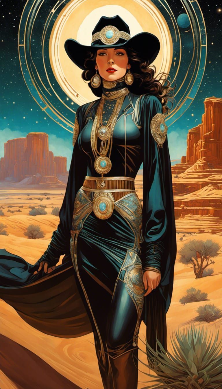 Art Deco Cowgirl in Sci-Fi Desert Landscape
