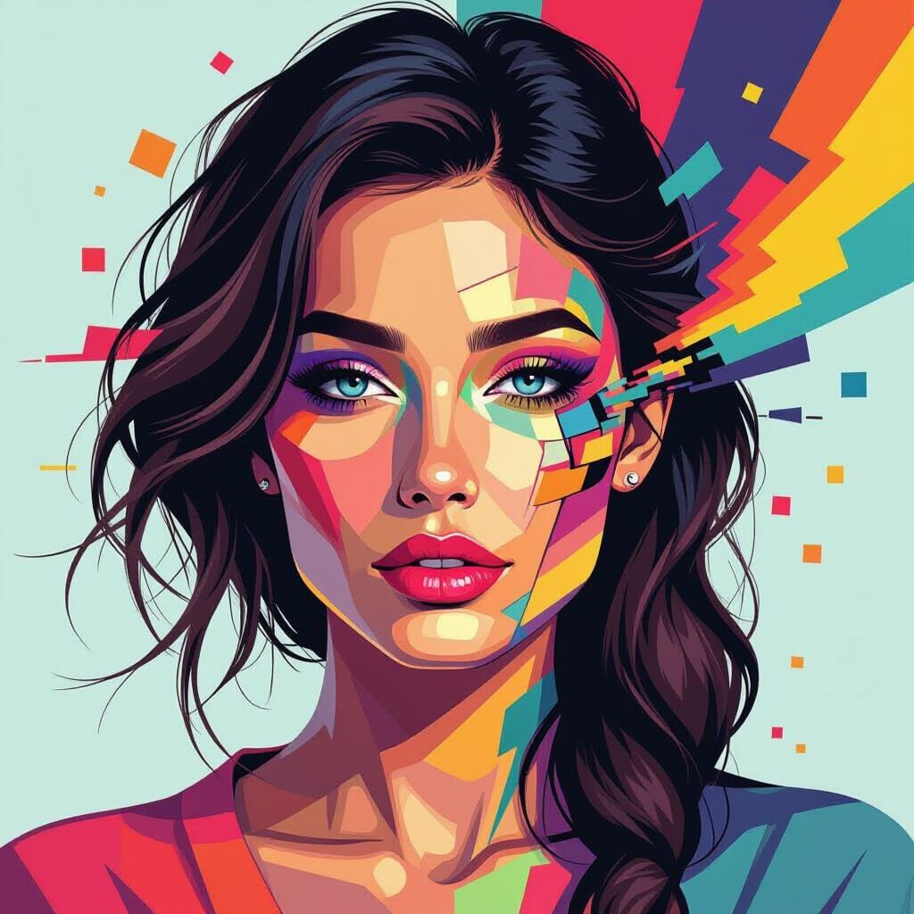 Glitch Art Portrait With Vibrant Colors And Geometric Shapes