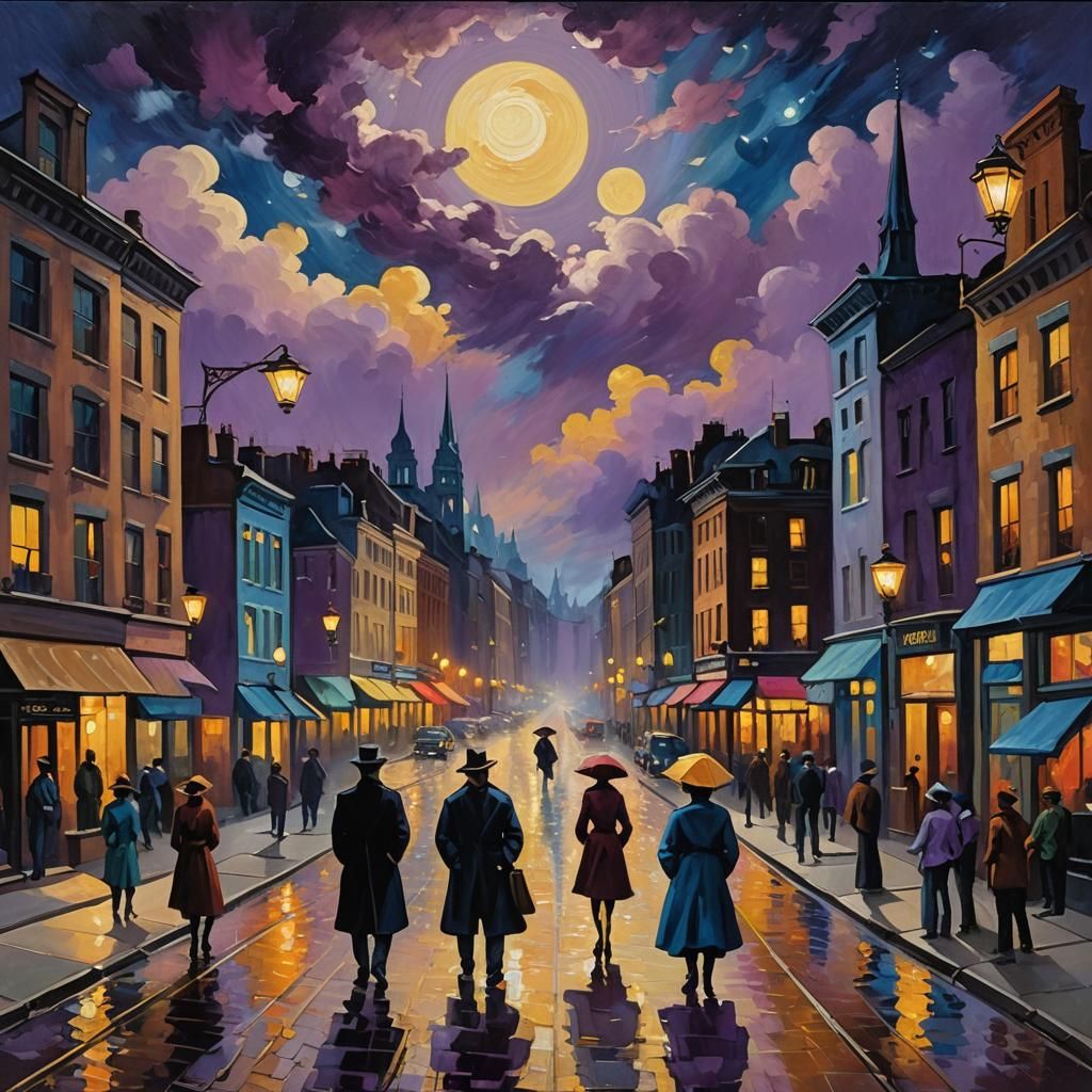 Dreamy Night Cityscape in Expressionist Oil Painting