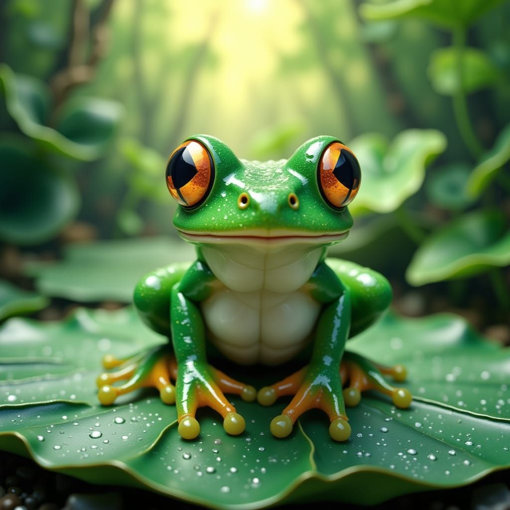 Emerald Frog on Lily Pad in Digital Painting Style