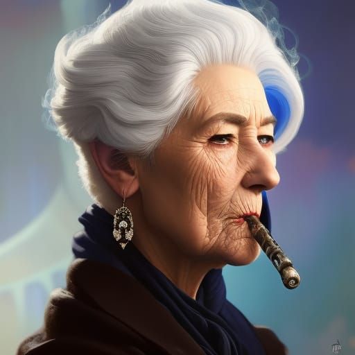 Old Woman with Blue Hair, Digital Art Portrait