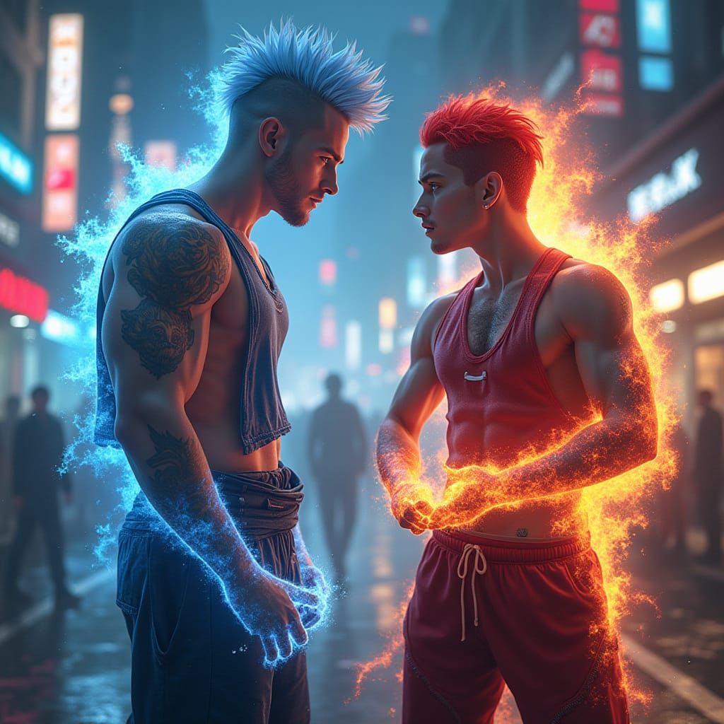 Cyberpunk Snow Mage vs. Fire Mage Duel